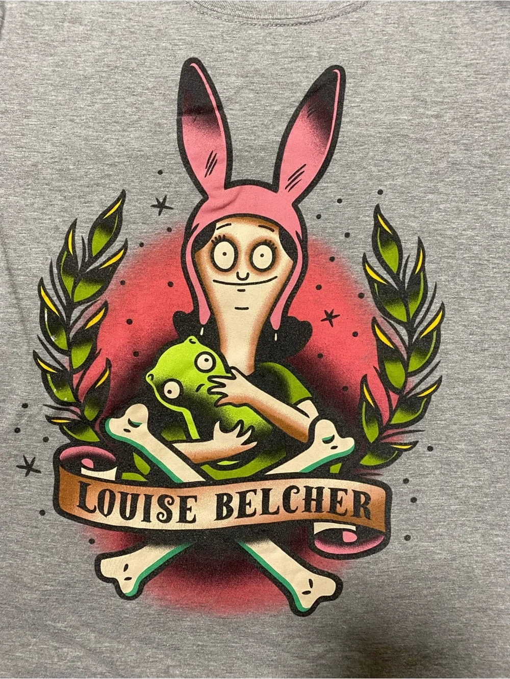 Louise Belcher Graphic Short Sleeve Tee - Gray with Pink and Green Print
